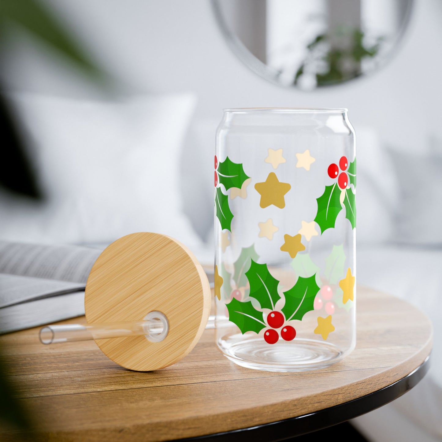 Holly Jolly Christmas Season Glass Cup, 16 oz Beige