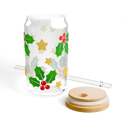 Holly Jolly Christmas Season Glass Cup, 16 oz Beige